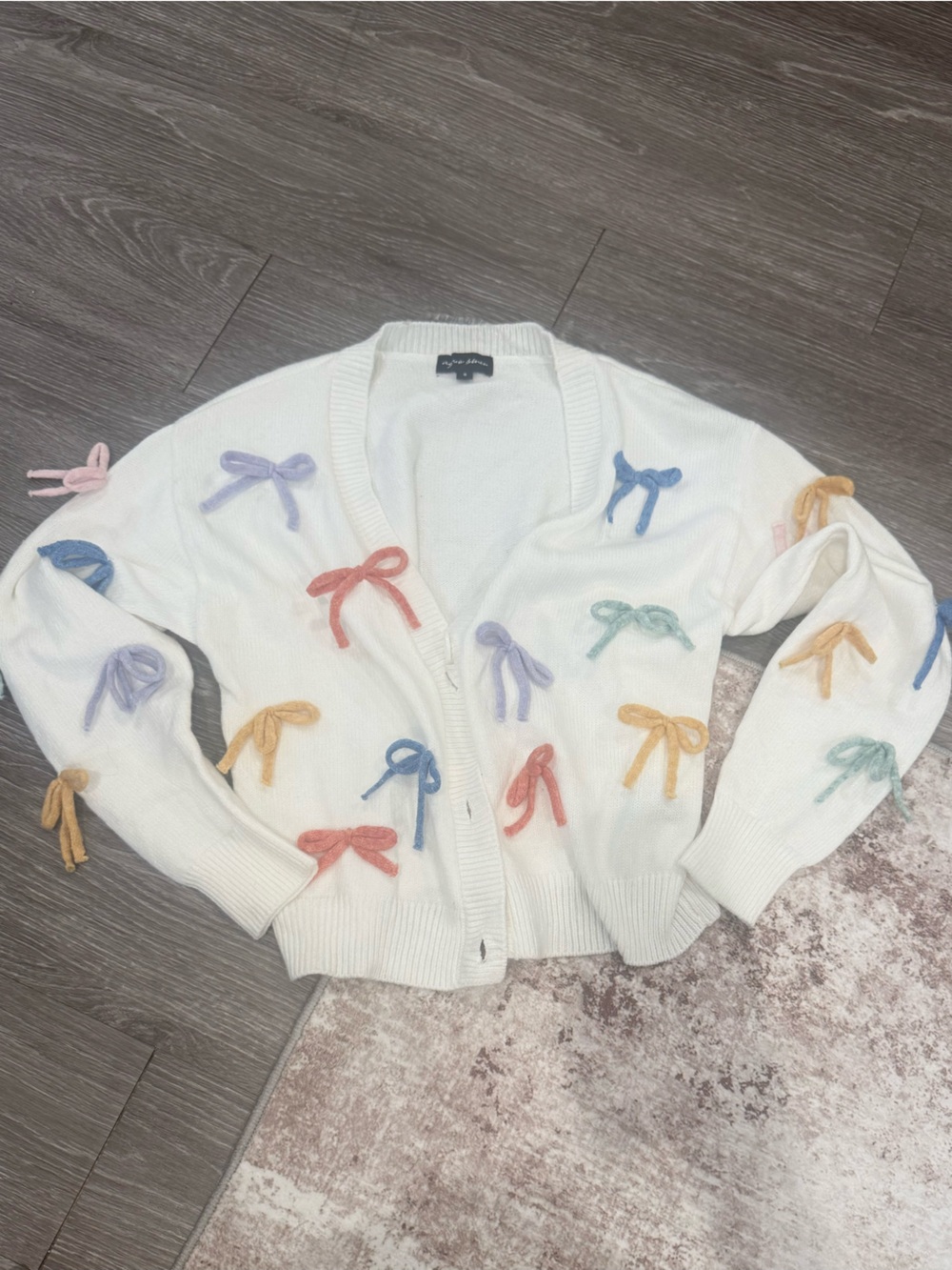 Ivory Bow-Appliqué V-Neck Cardigan Sweater